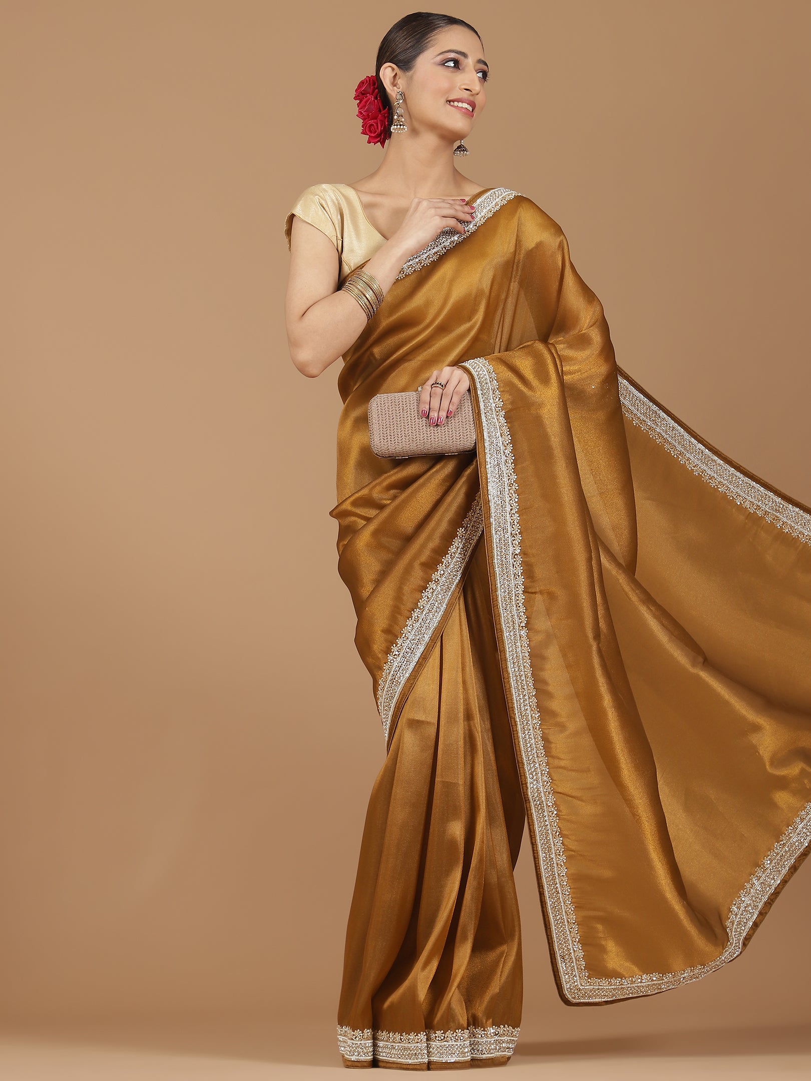 Satin Silk Saree with Delicate Stonework Border