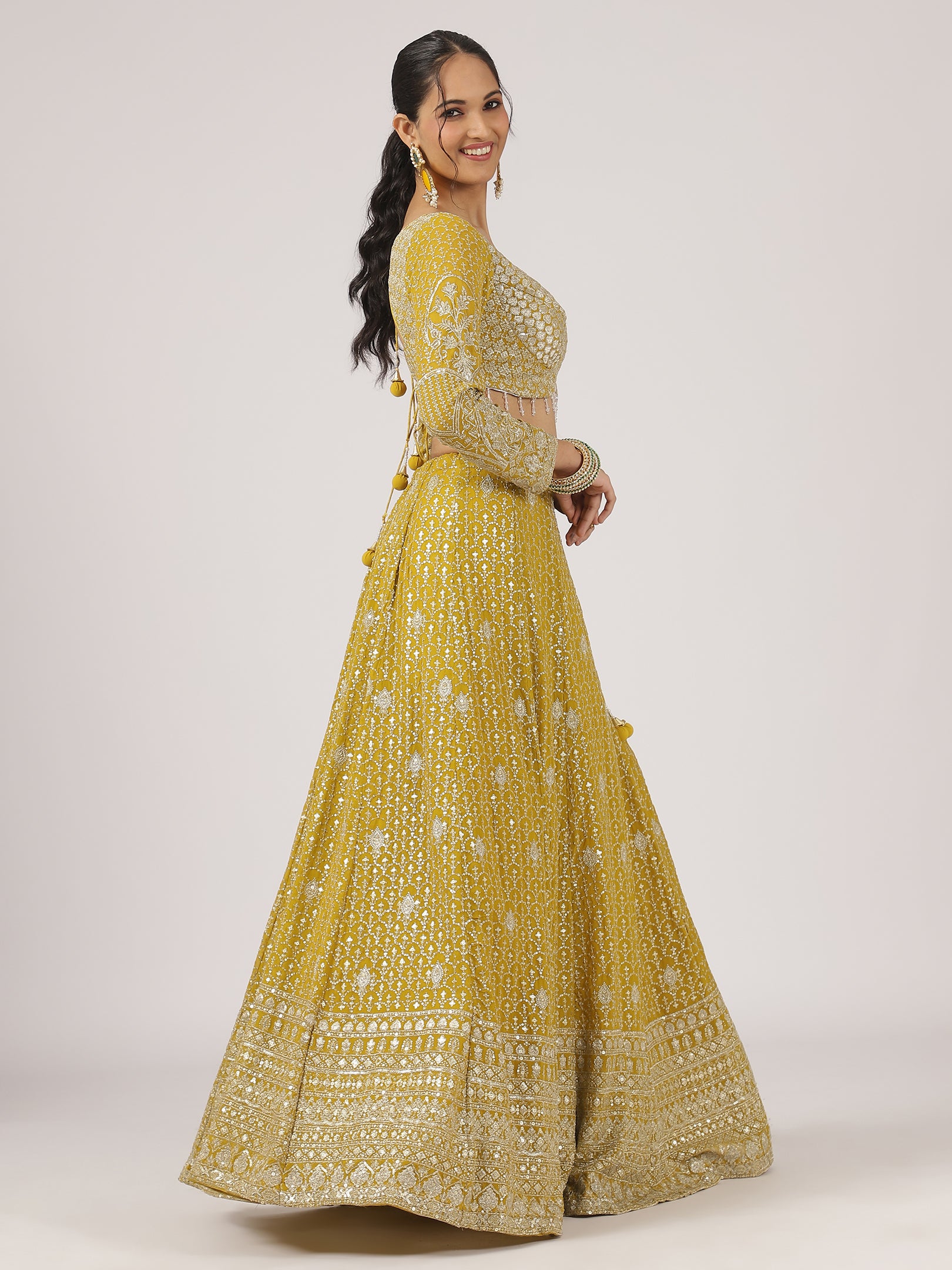 Mustard Yellow Georgette Zari Embroidered Lehenga