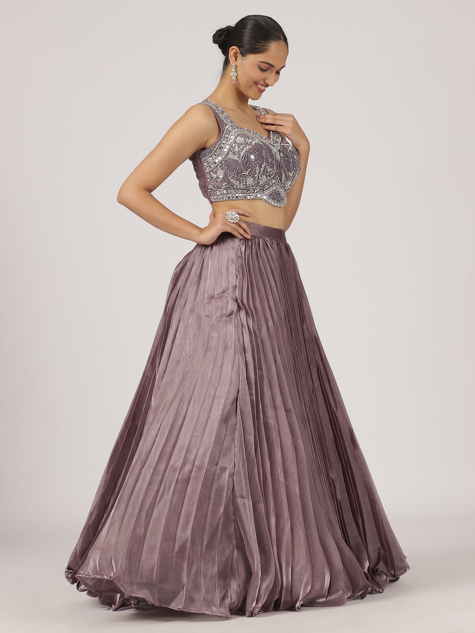 Mauve Pleated Organza Lehenga with Intricate Embroidered Blouse & Sheer Dupatta