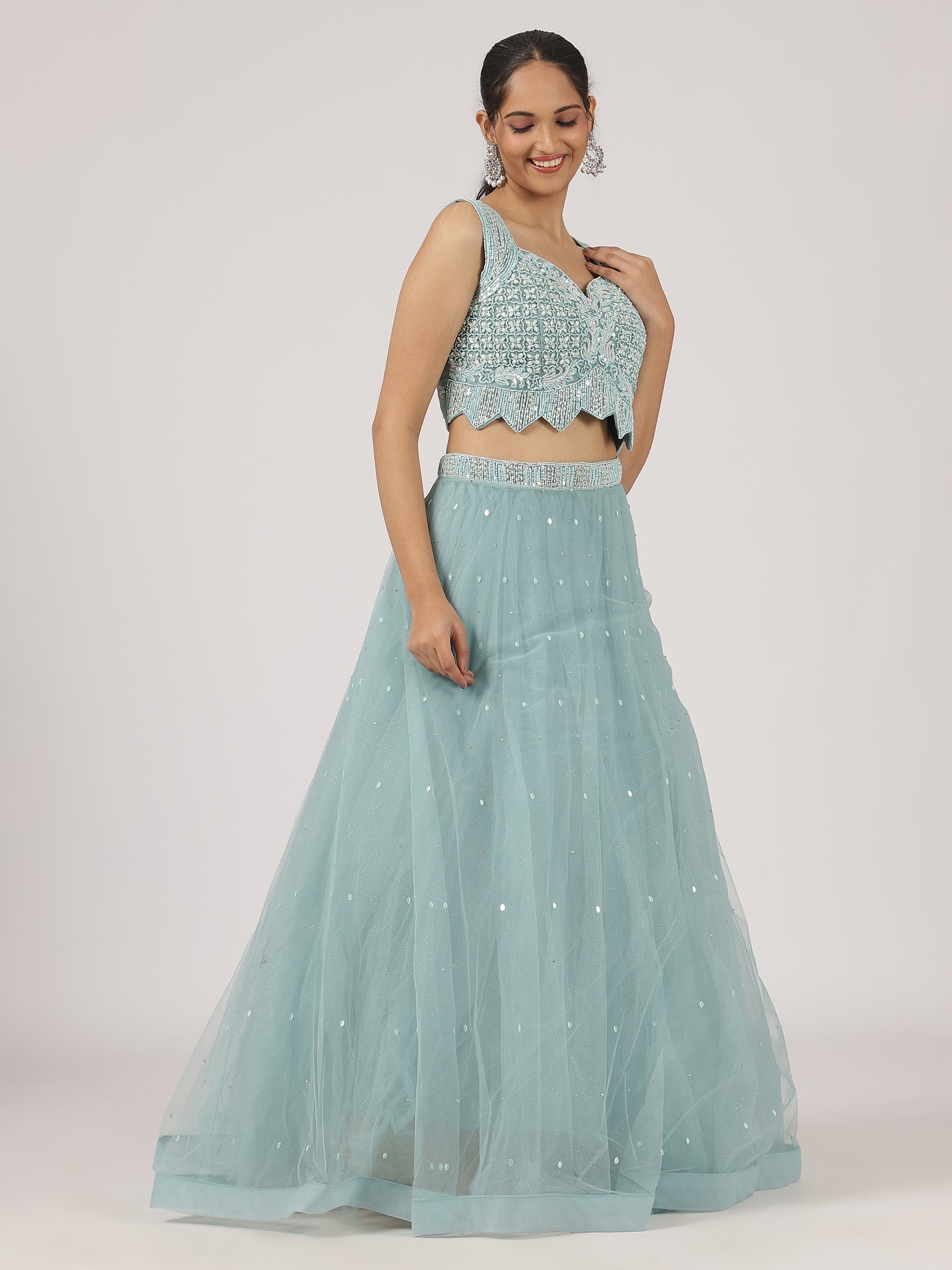 Aqua Blue Net Lehenga with Sequin Embroidery & Designer Blouse