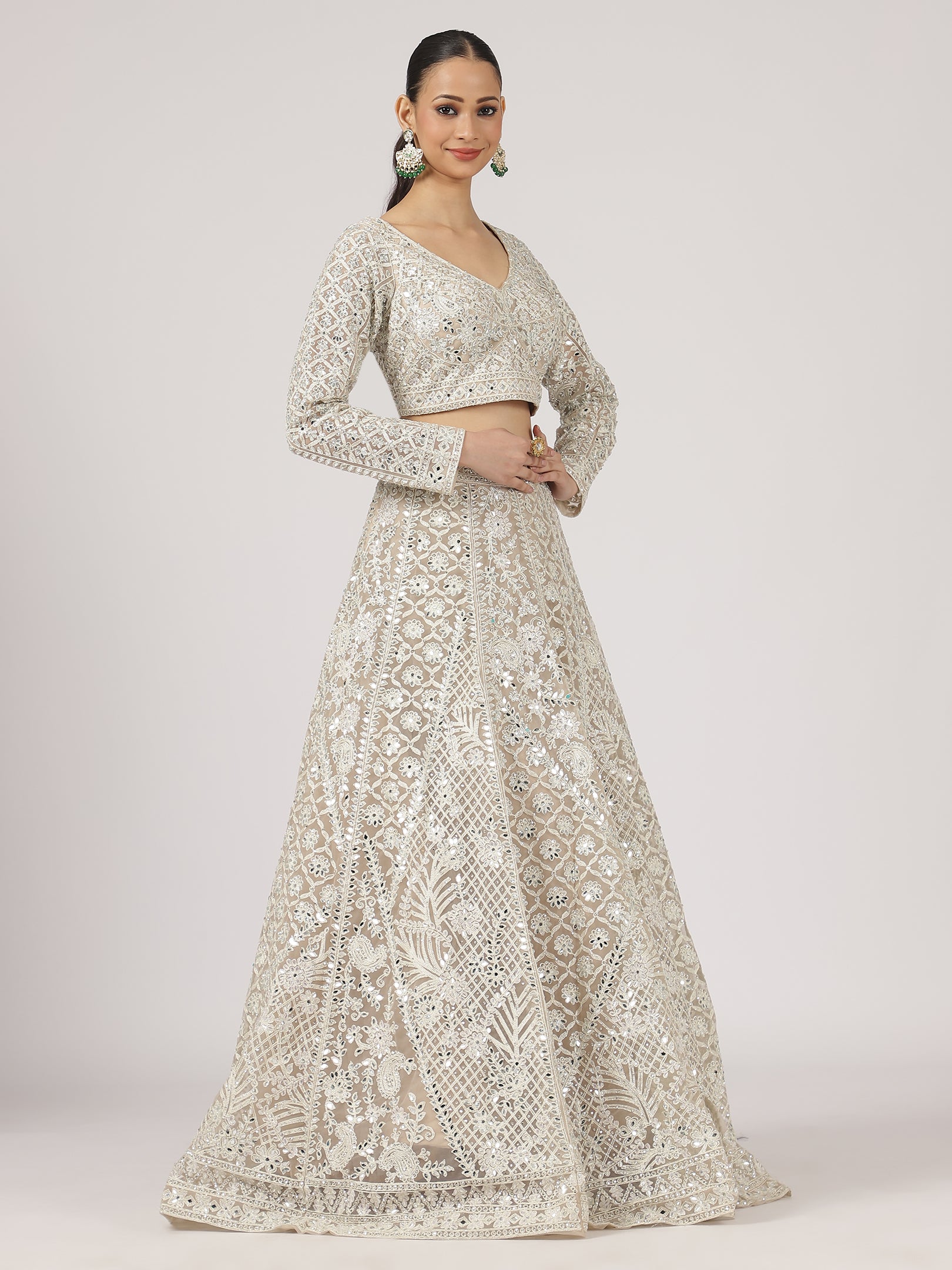 Cream Net Mirror Work Lehenga with Intricate Embroidery