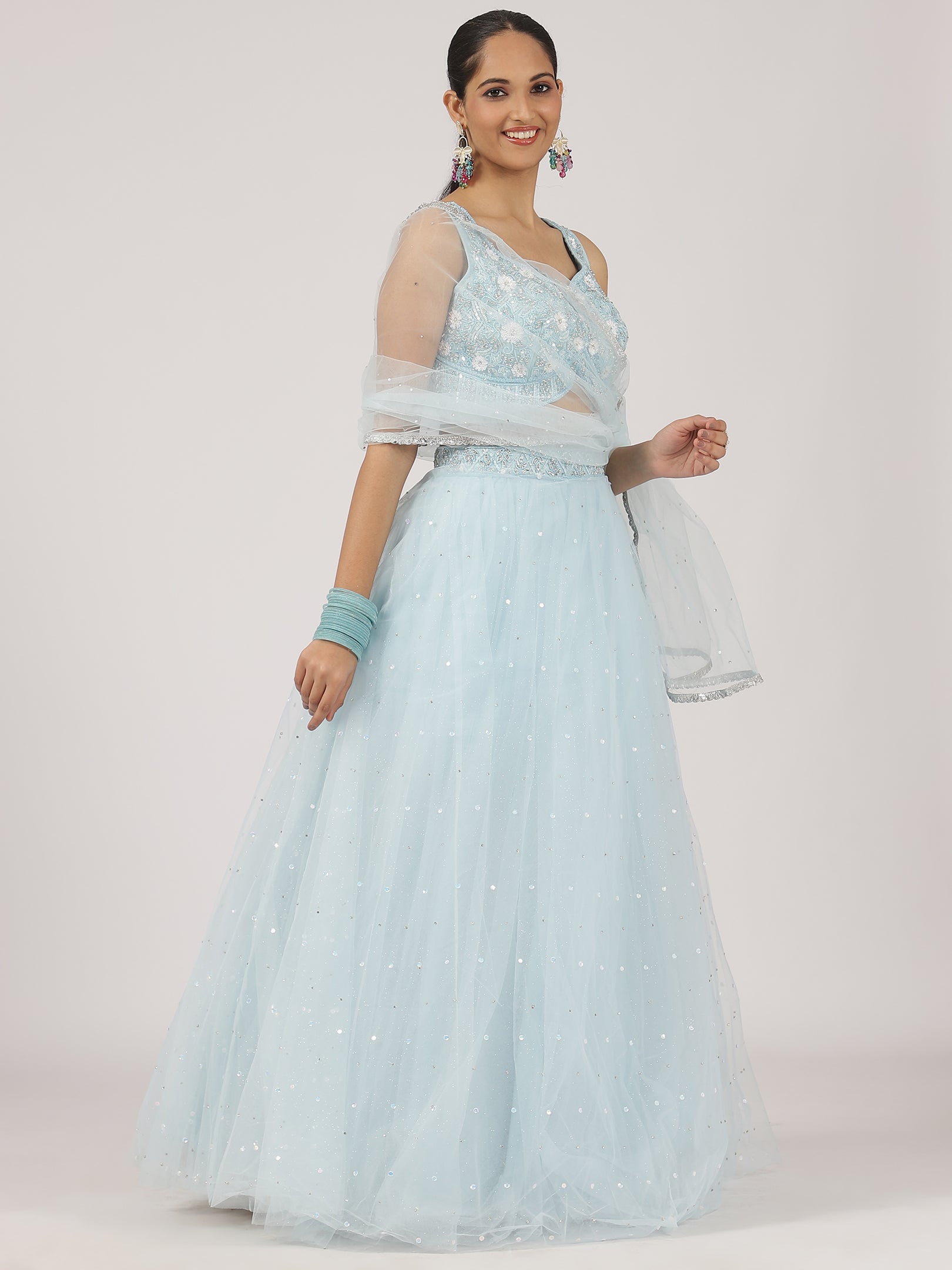 Sky Blue Embroidered Net Lehenga with Sequins & Mirror Work