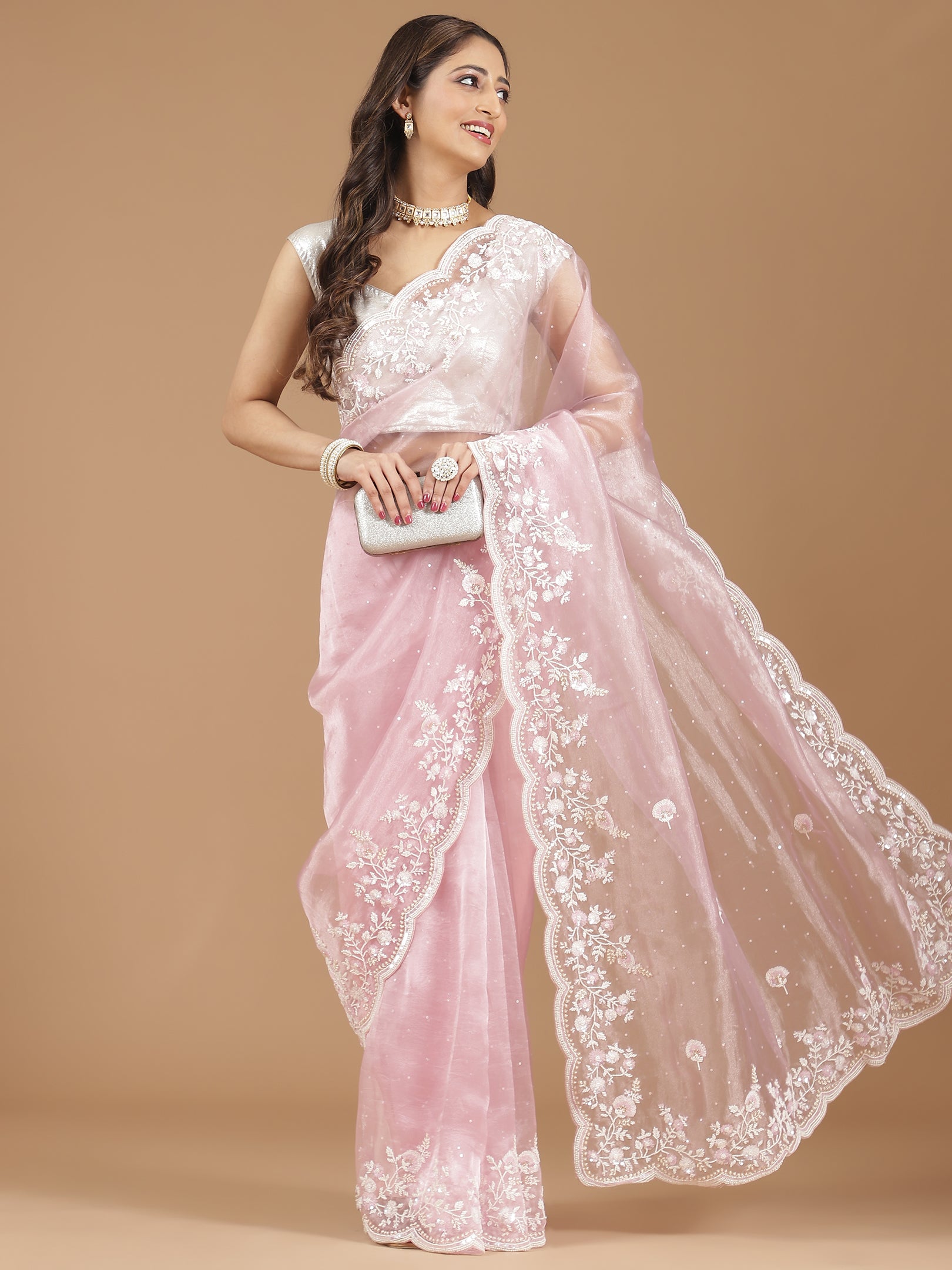 Elegant Blush Pink Embroidered Net Saree with Contrast Blouse