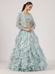 Sea Blue Organza Ruffled Lehenga with Pearl Work Blouse & Overcoat