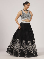 Black & White Satin Pleated Lehenga with Beaded Embroidered Blouse & Netted Dupatta