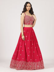 Radiant Red Embroidered Lehenga Set with Mirror Work Blouse & Sheer Dupatta