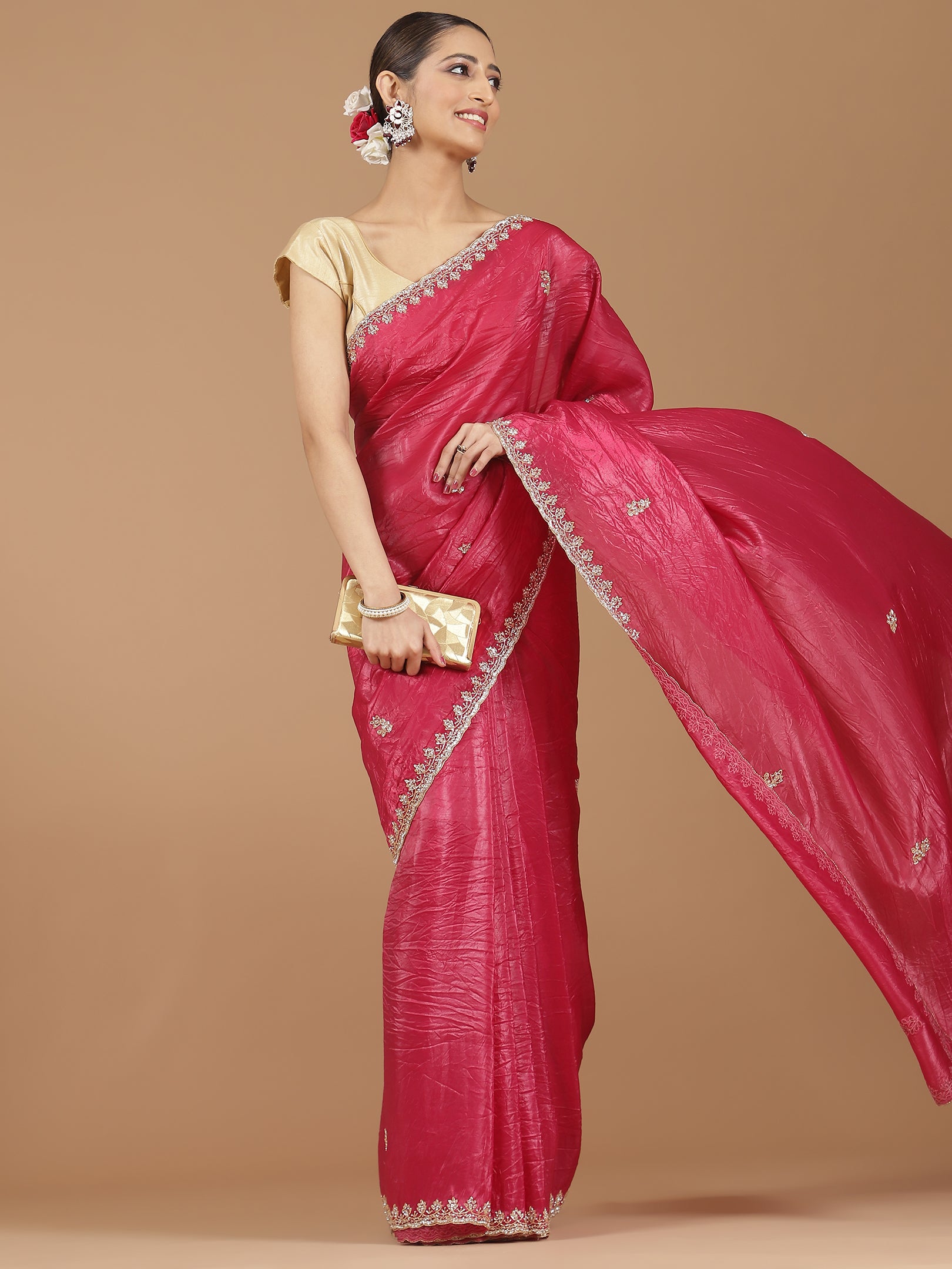 Crushed Silk Saree with Embroidered Border