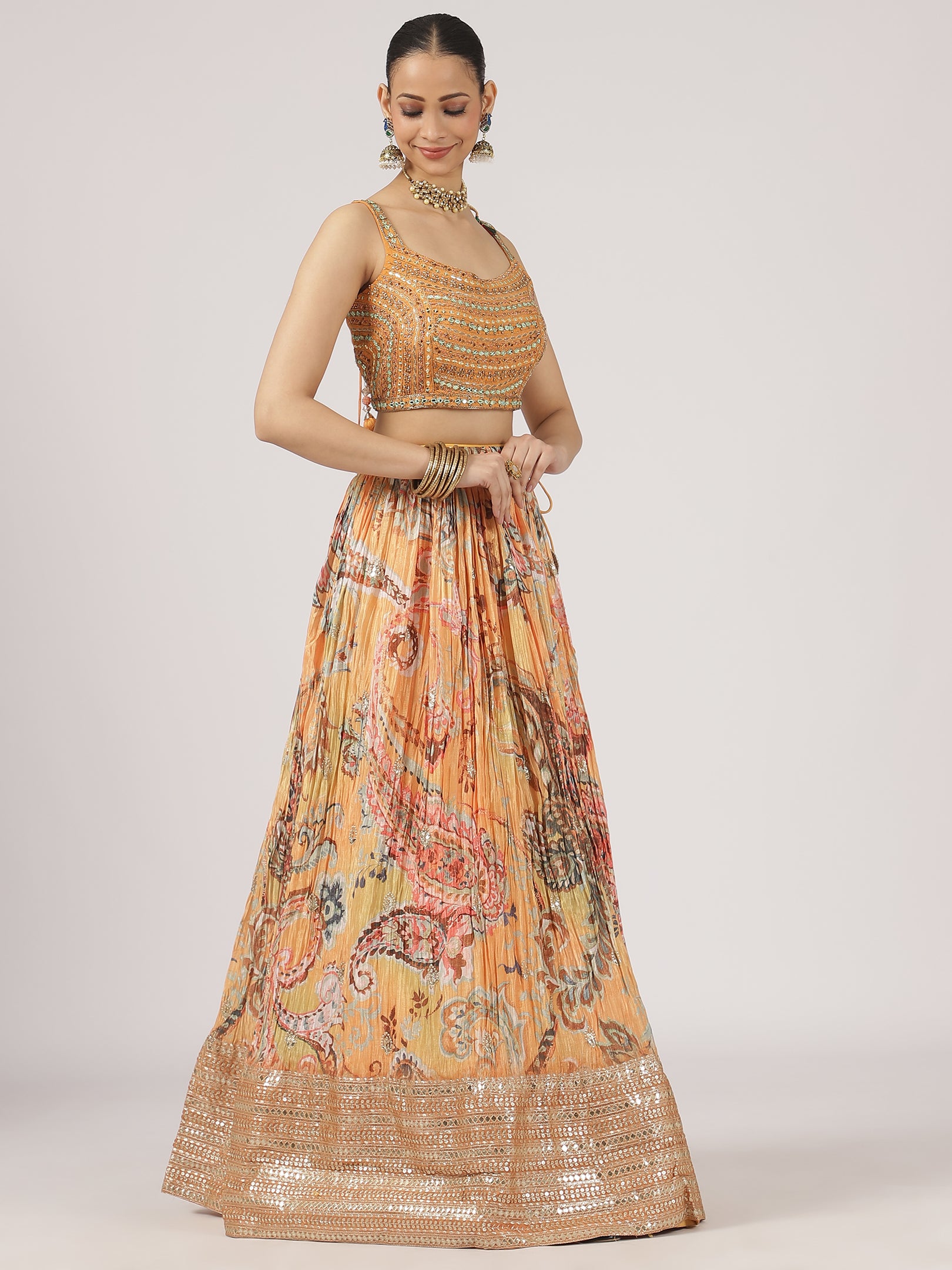 Bloom Orange Floral Print Lehenga with Embroidered Blouse & Dupatta