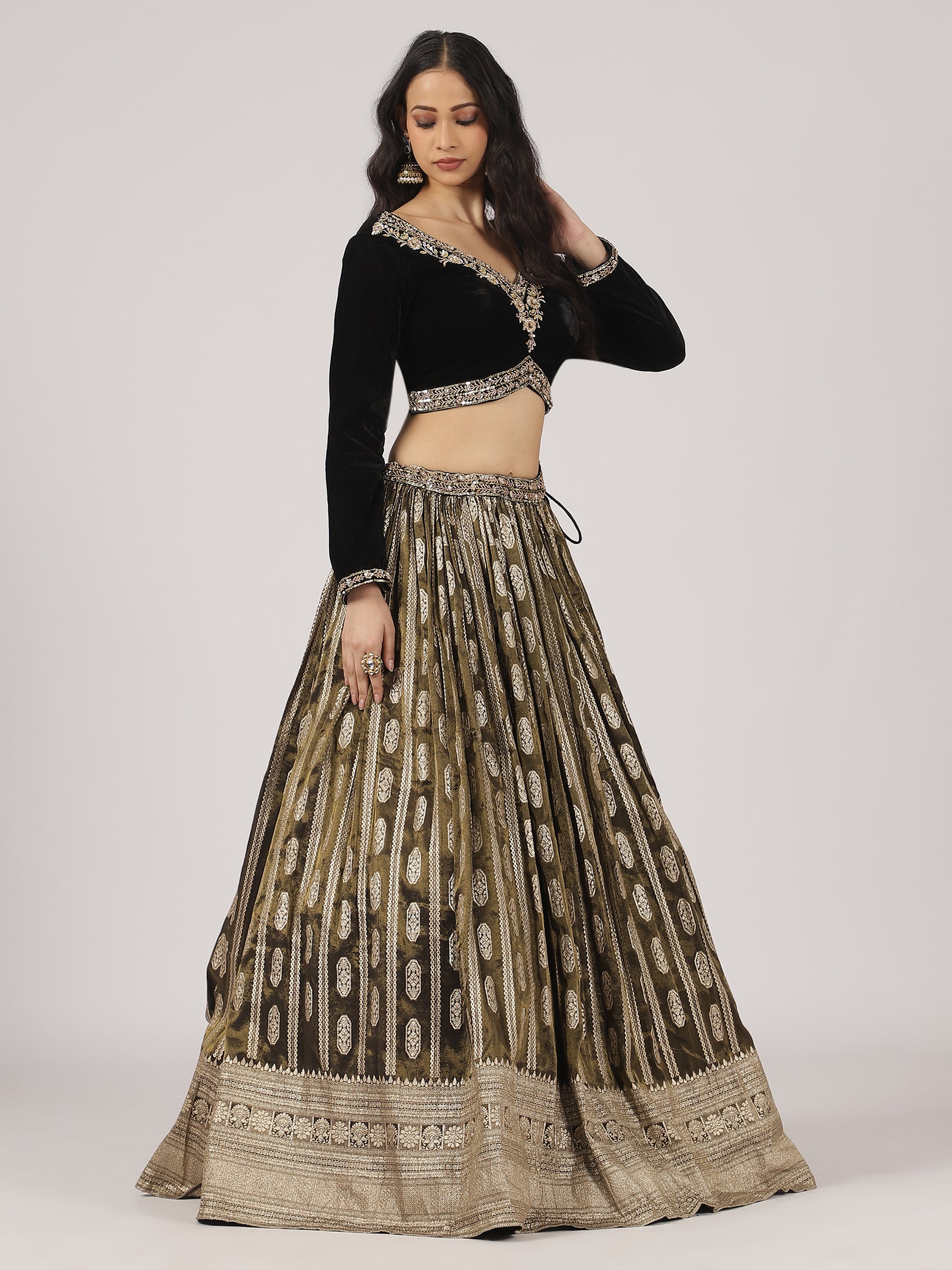 Midnight Black Velvet Banarasi Lehenga with Zari Embroidery