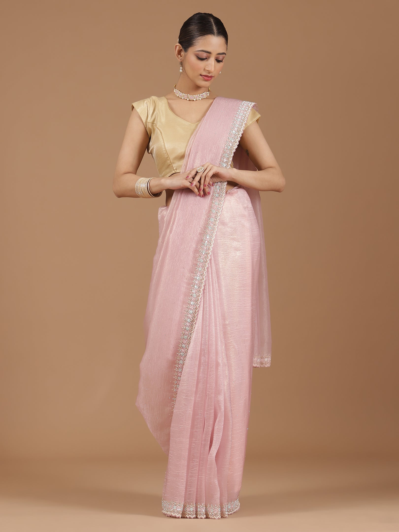 Net Saree with Delicate Floral Embroidery & Scalloped Border