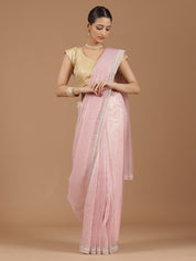 Net Saree with Delicate Floral Embroidery & Scalloped Border