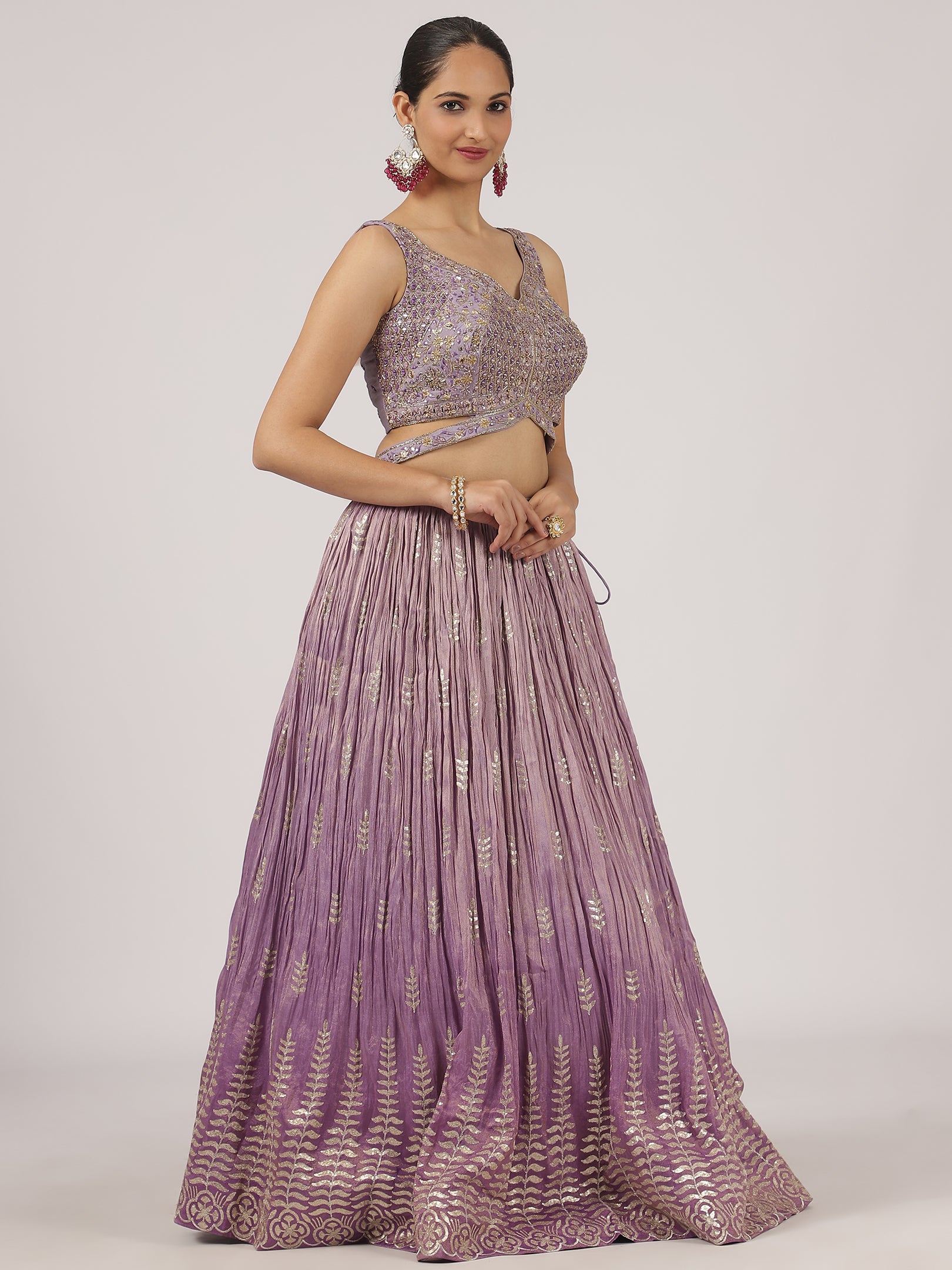 Elegant Lavender Sequined Lehenga with Embellished Blouse and Brocade Dupatta