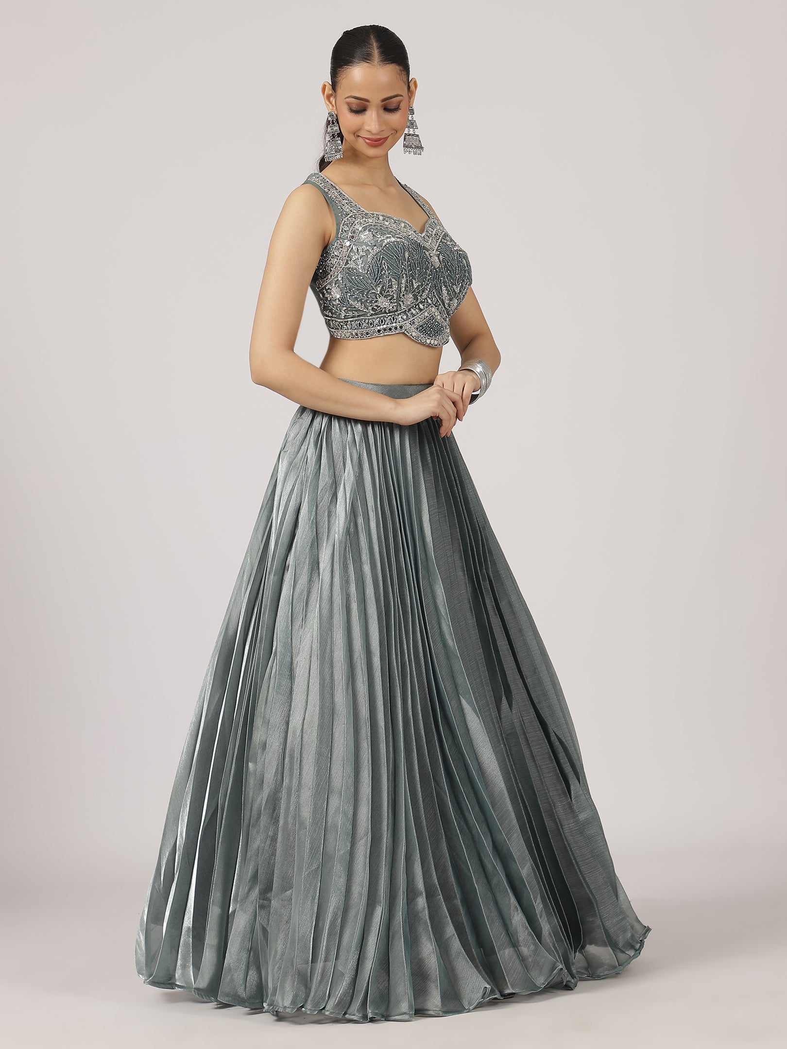 Elegant Grey Pleated Lehenga with Embroidered Blouse & Sheer Dupatta