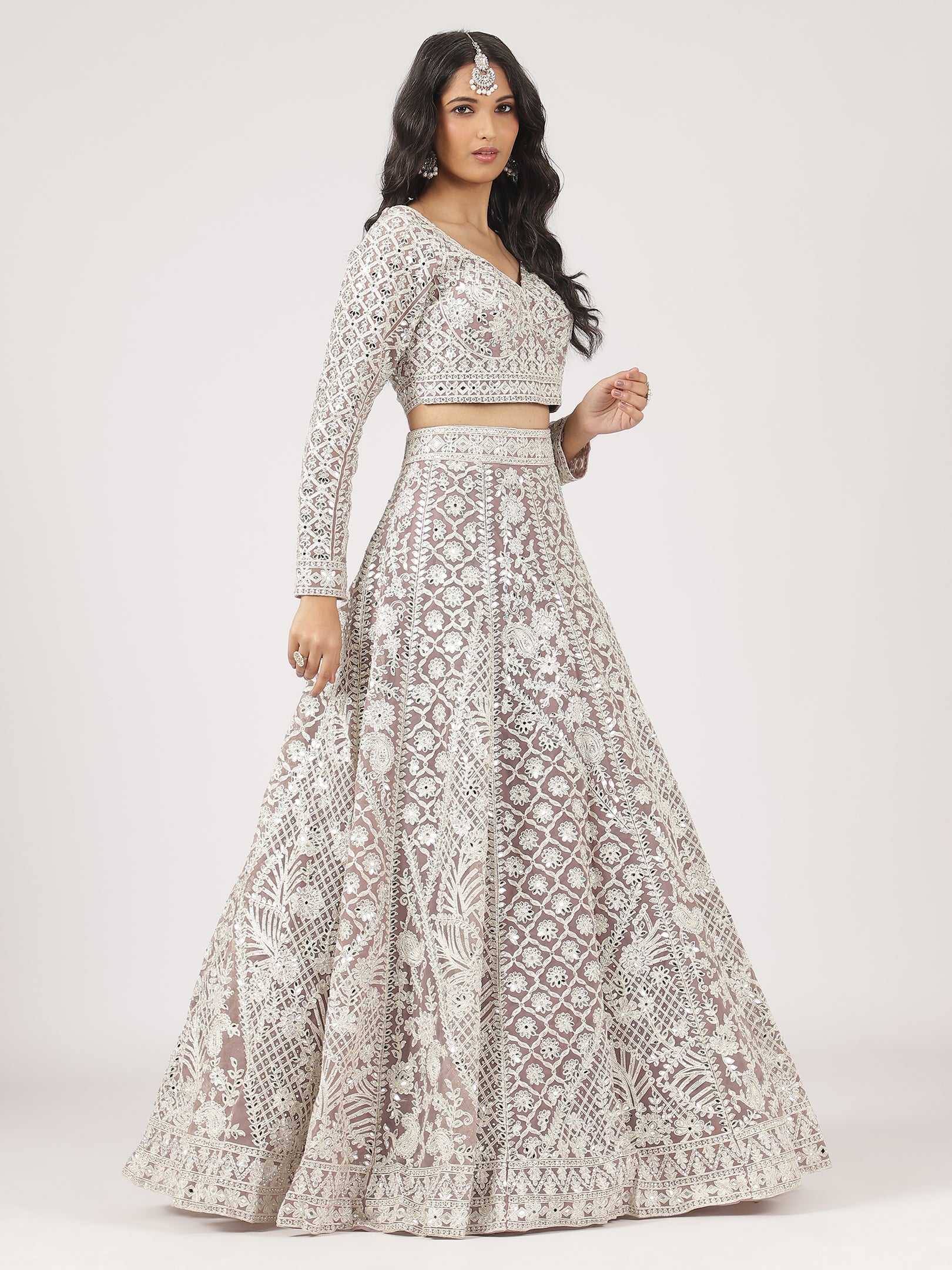 Cream Net Mirror Work Lehenga with Intricate Embroidery