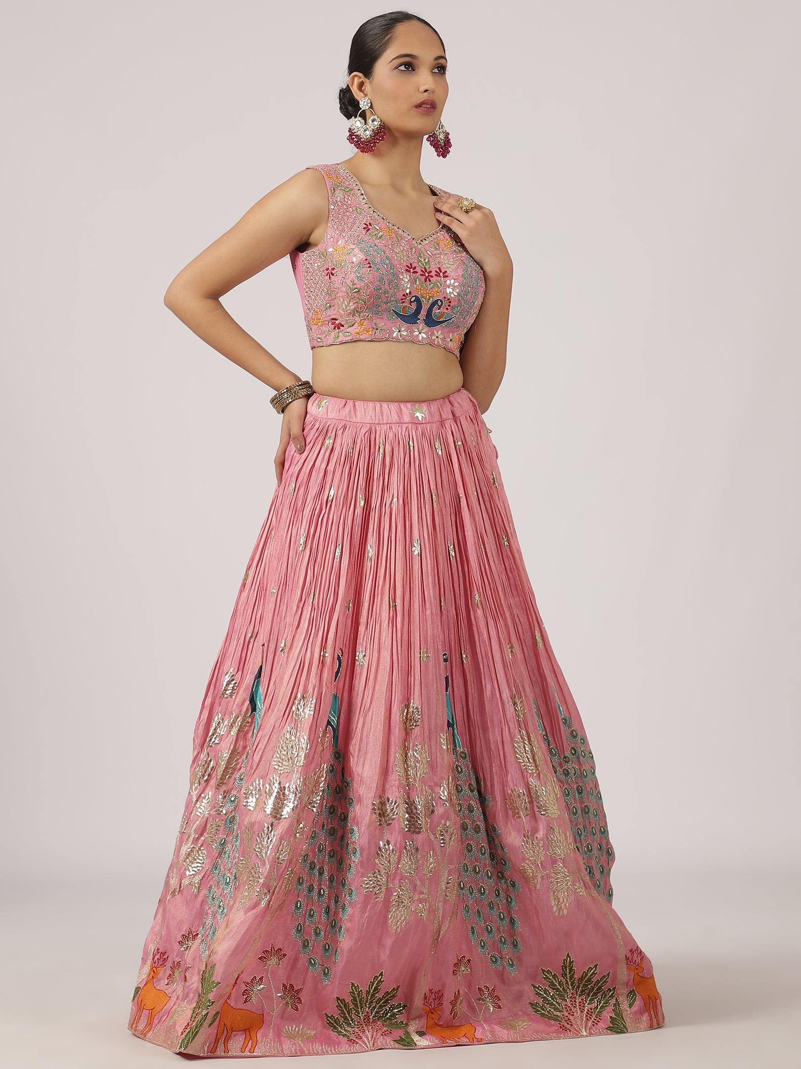 Stunning Pink Silk Lehenga with Peacock & Floral Embroidery