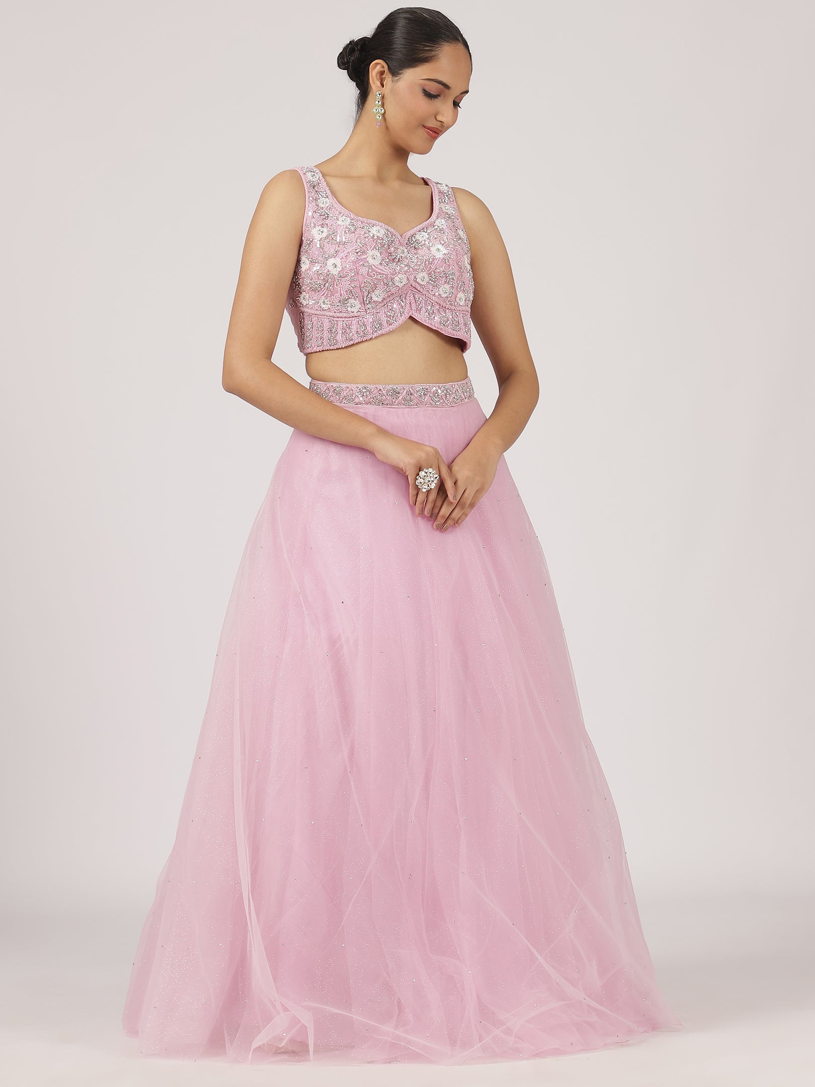 Dreamy Blush Pink Embroidered Net Lehenga with Sequin Work