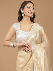 Elegant Champagne Gold Satin Silk Saree with Pearl Embroidery