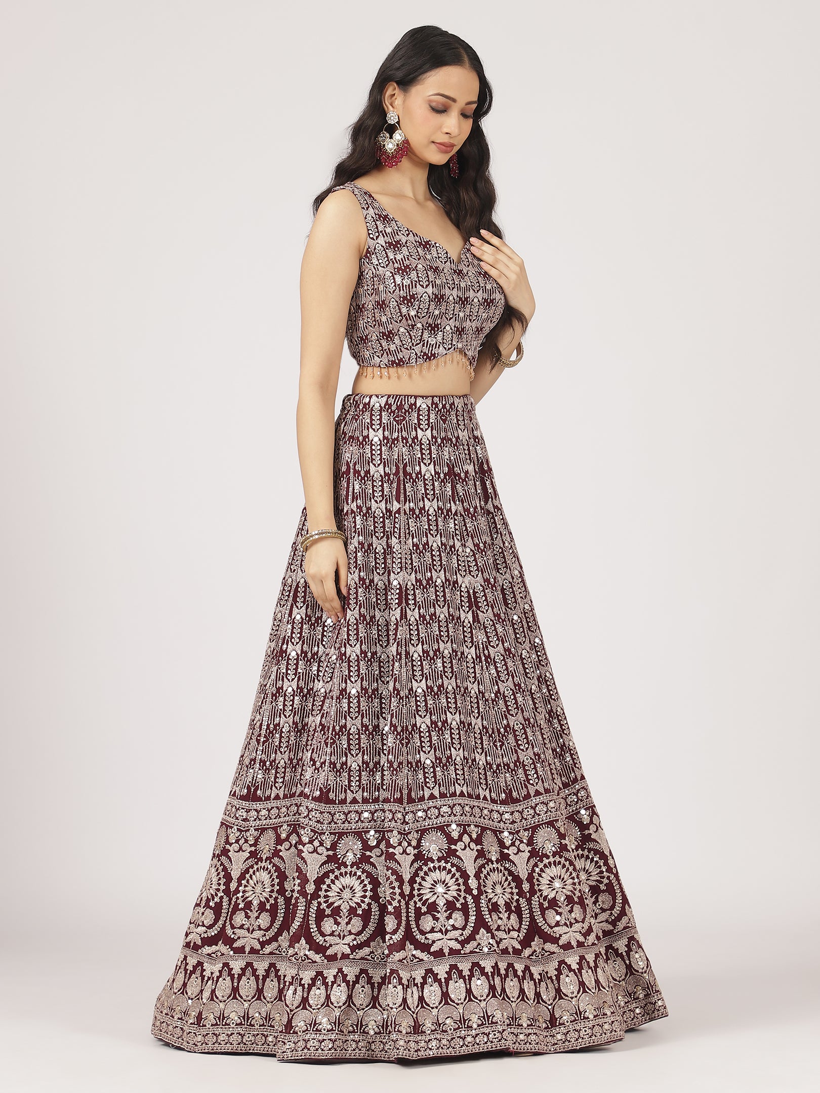 Maroon & Ivory Threadwork Lehenga Set with Embellished Blouse & Net Dupatta