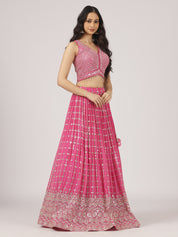 Fuchsia Pink Mirror Work Lehenga with Embroidered Blouse & Dupatta