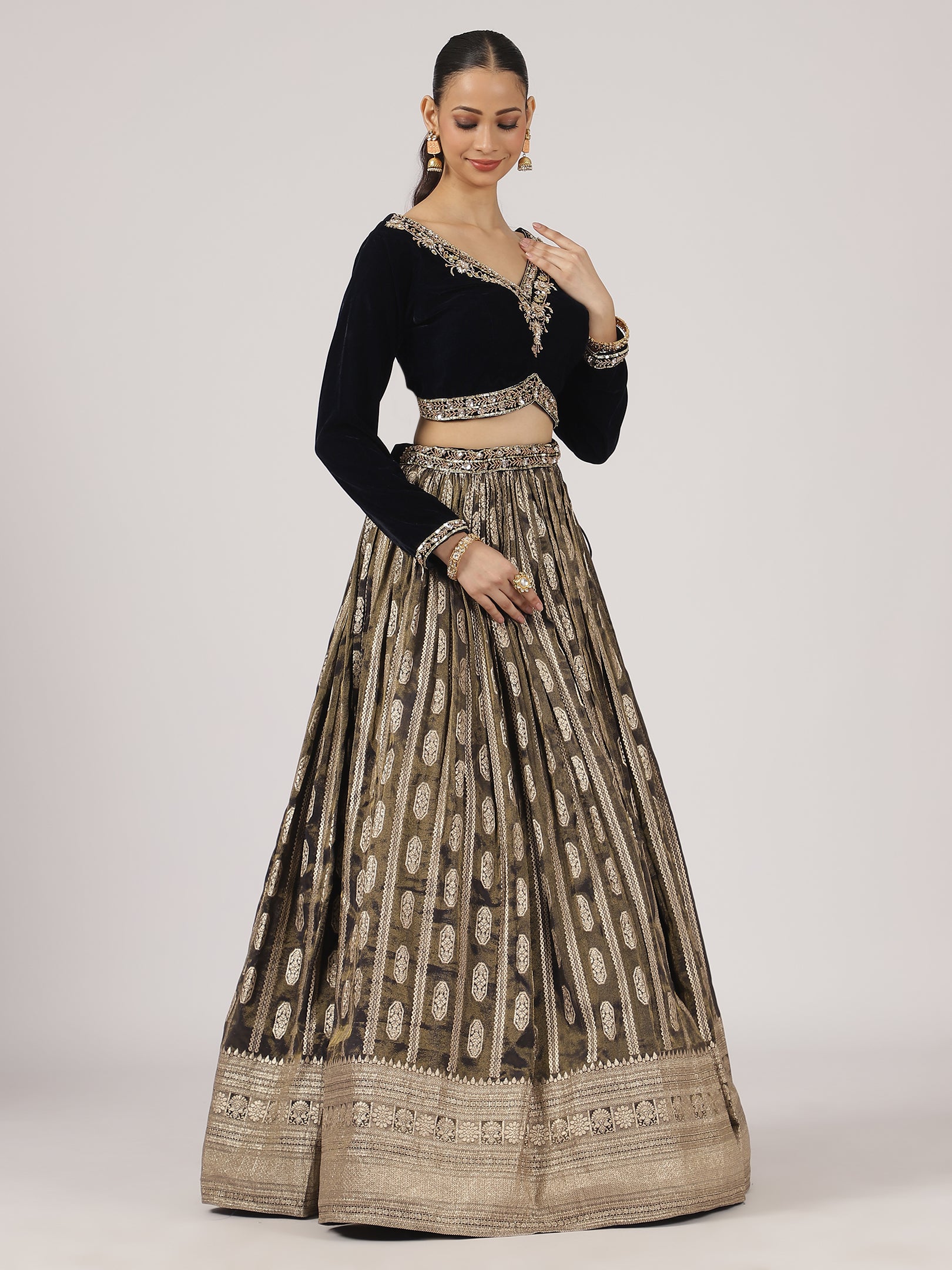 Midnight Blue Velvet Banarasi Lehenga with Zari Embroidery