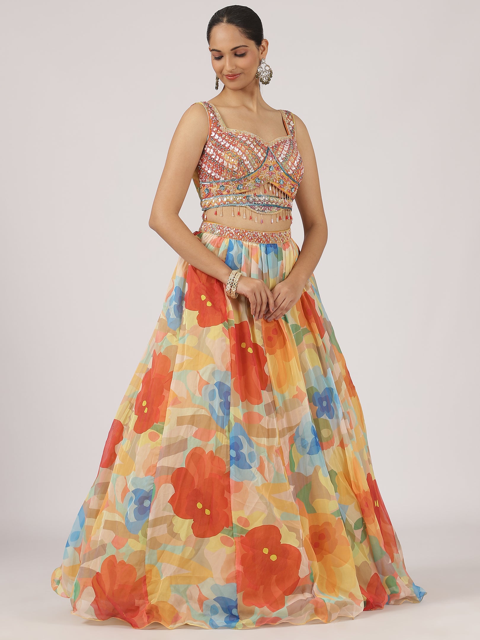 Multicolor Organza Radiant Bloom Mirror Work Lehenga