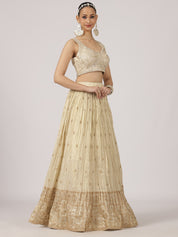 Cream Gold Lehenga Set with Purple Banarasi Dupatta