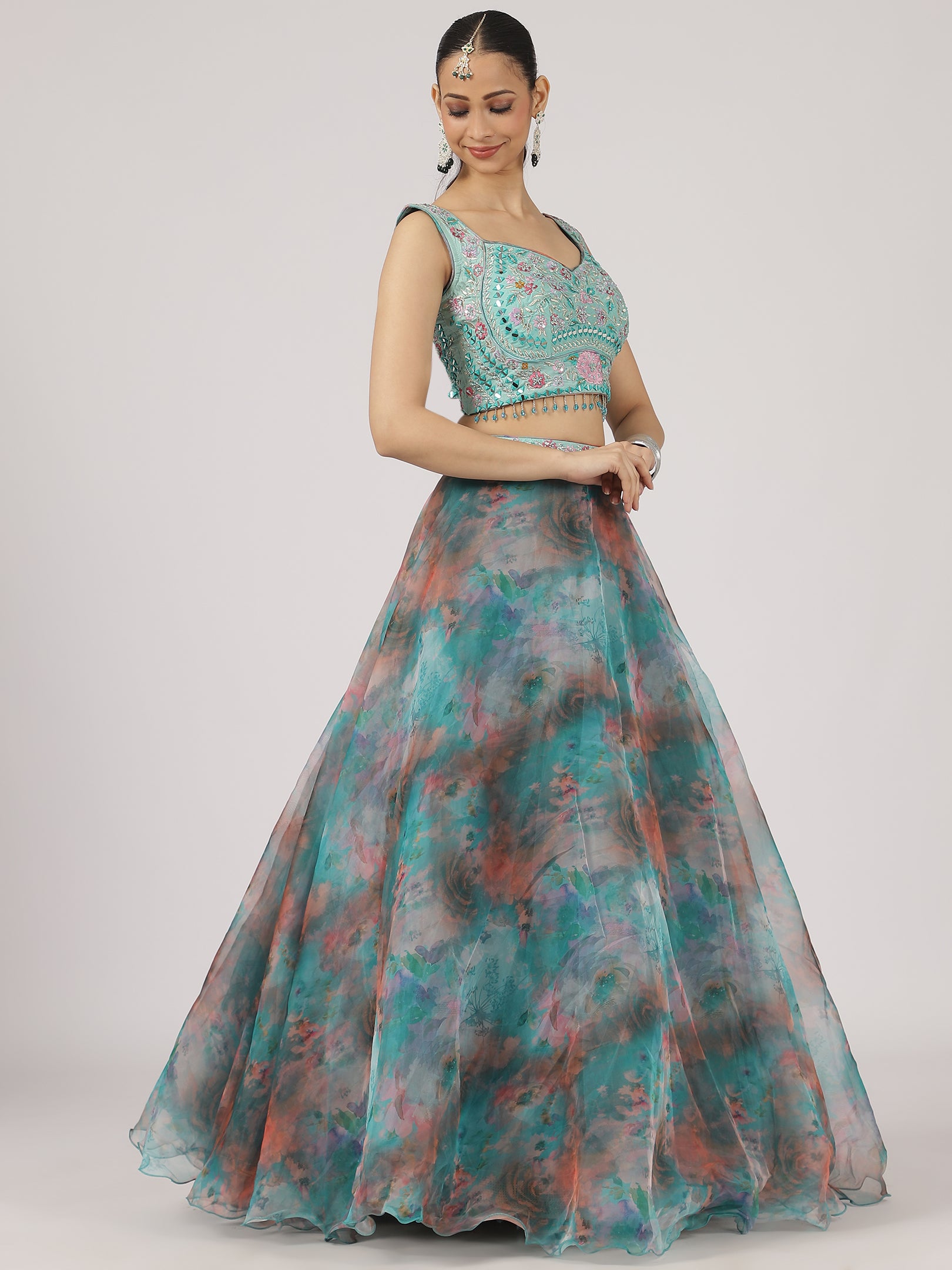 Aqua Blue Floral Organza Lehenga with Embroidered Blouse