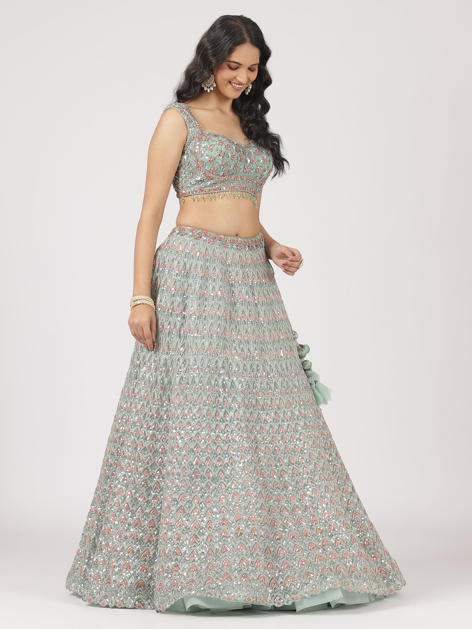 Stunning Sea Green Net Lehenga with Sequin & Stone Work