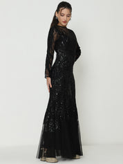 Elegant Black Full Sleeve Gowns  with Knitted Sequin Work