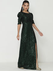 Chic Olive Green Gowns  with Knitted Sequin Work