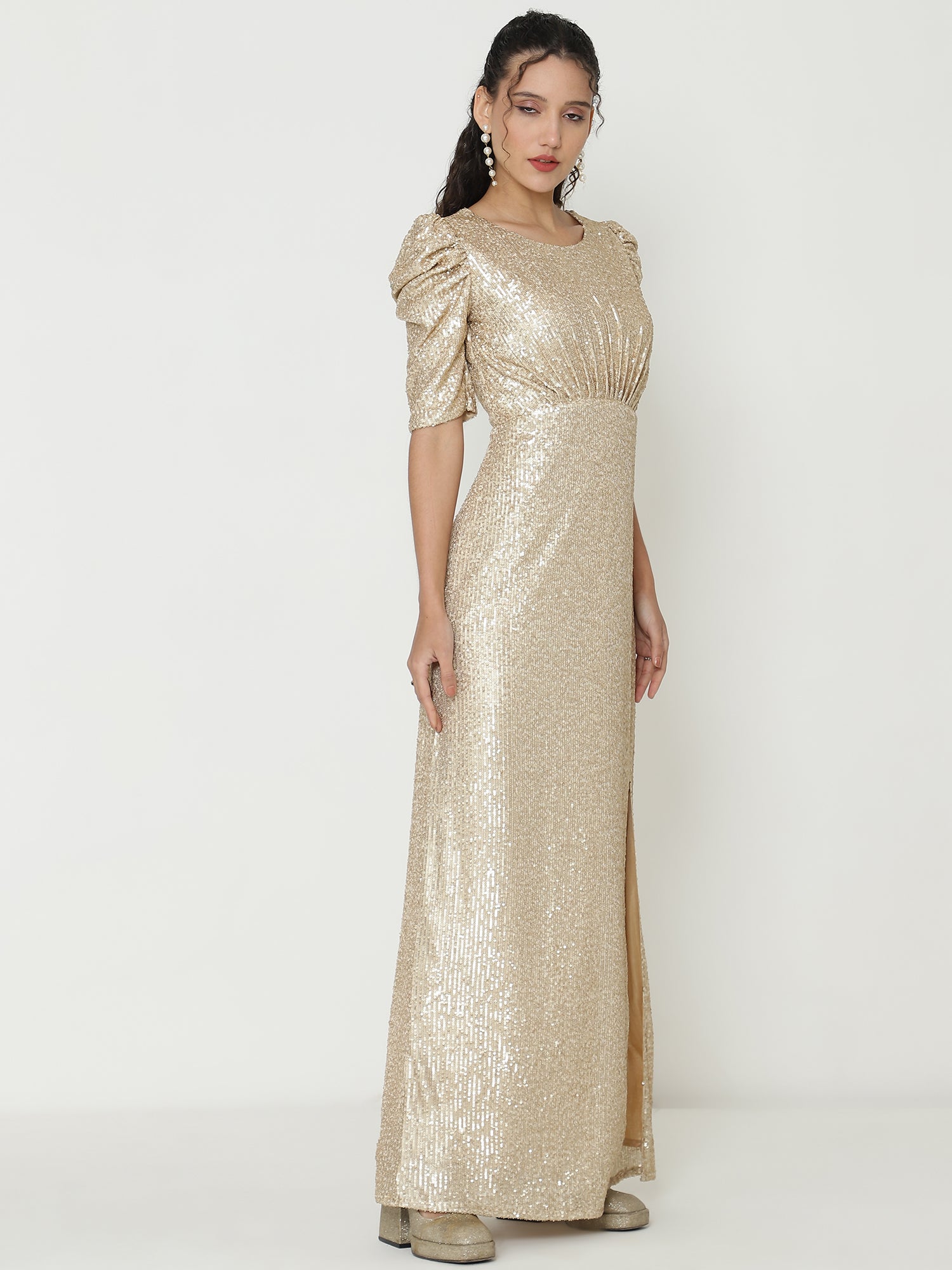 Stunning Gold Gown with Intricate Knitted Sequin Work