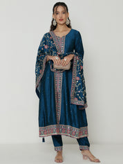 Elegant Blue Salwar Suit with Floral Embroidered Dupatta & Matching Pants