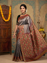 Kanchipuram Silk Saree with Woven Zari Border – Grey & Maroon
