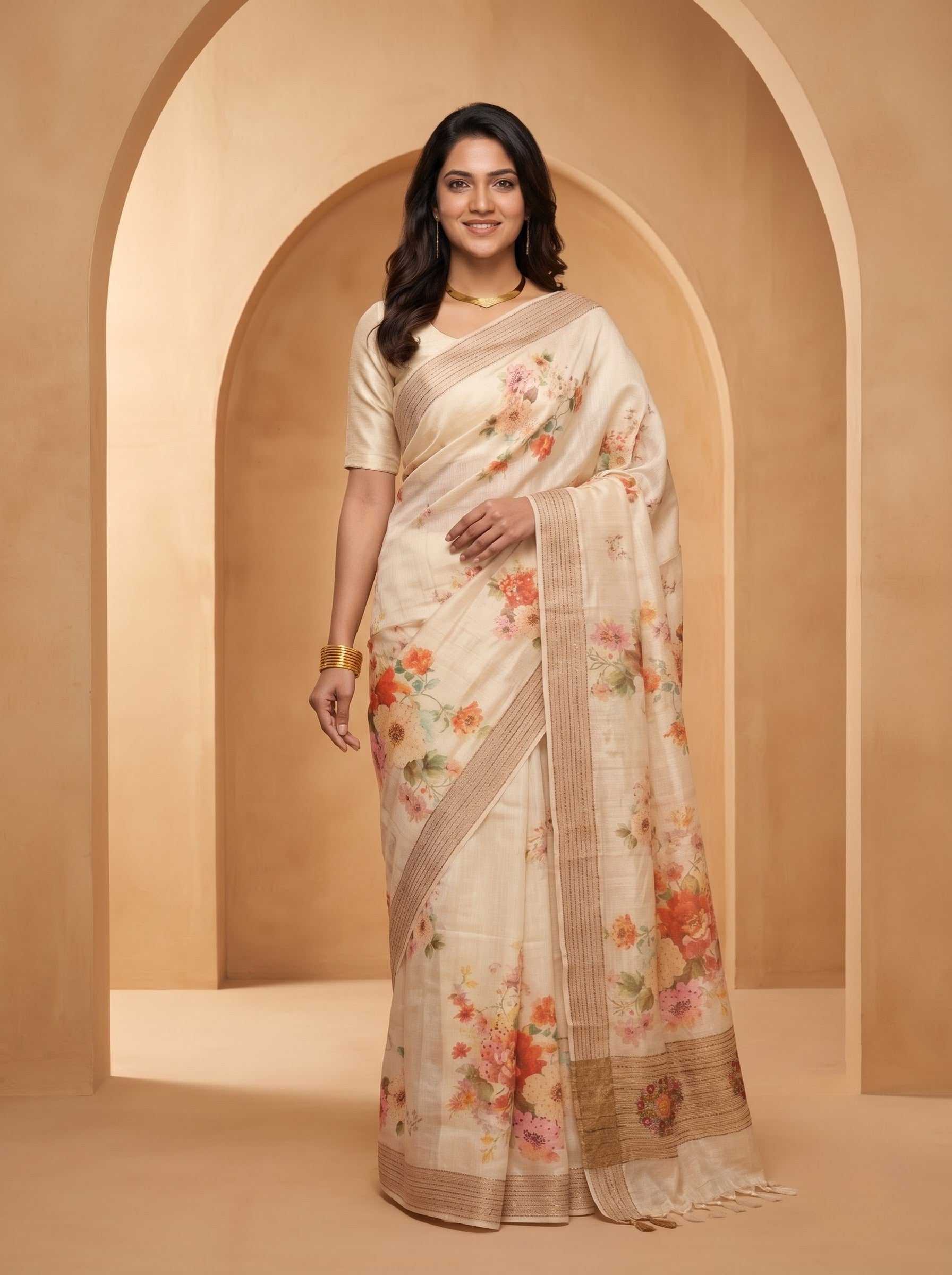Tussar Silk Saree – Ivory Floral Print for Festive Wear