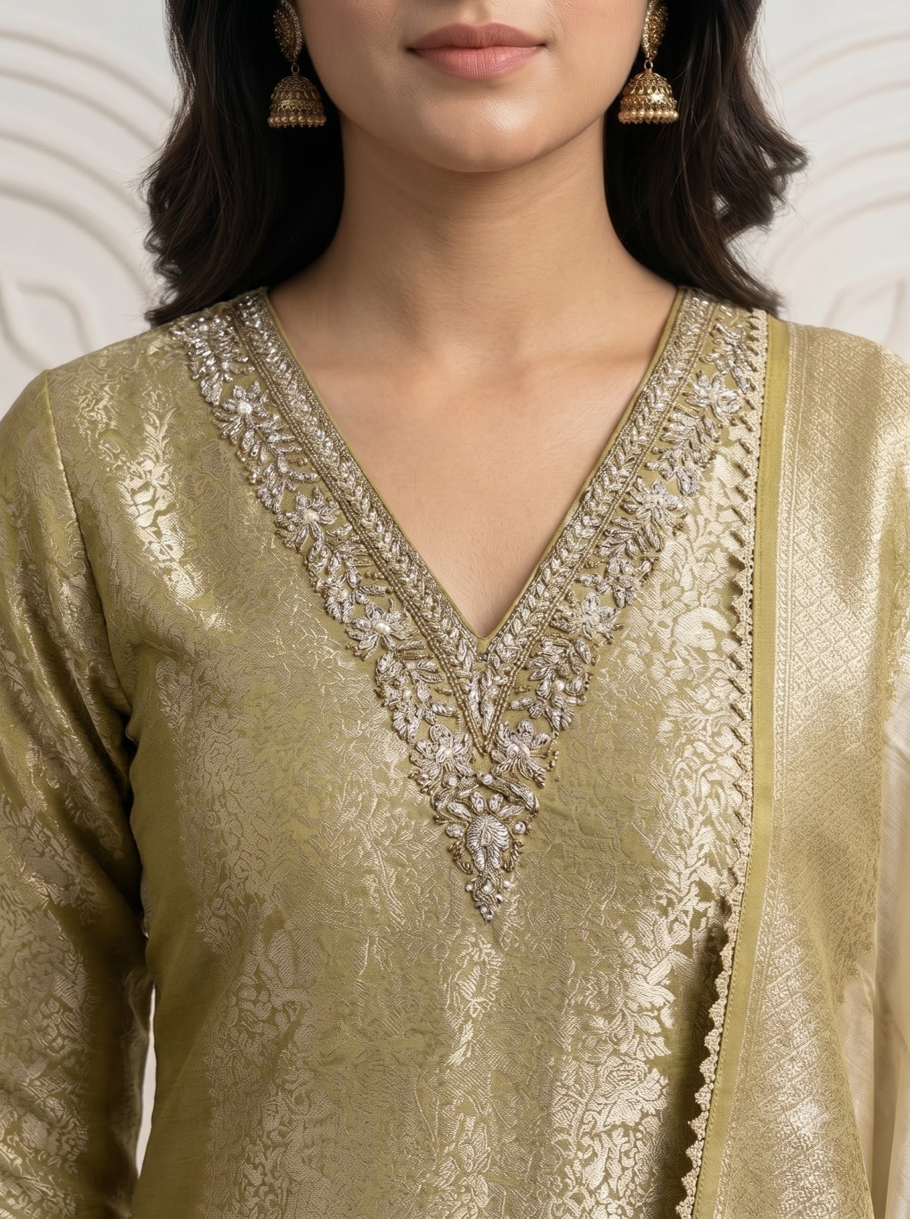 Olive Gold Brocade Silk Straight Cut Salwar Suit with Dupatta