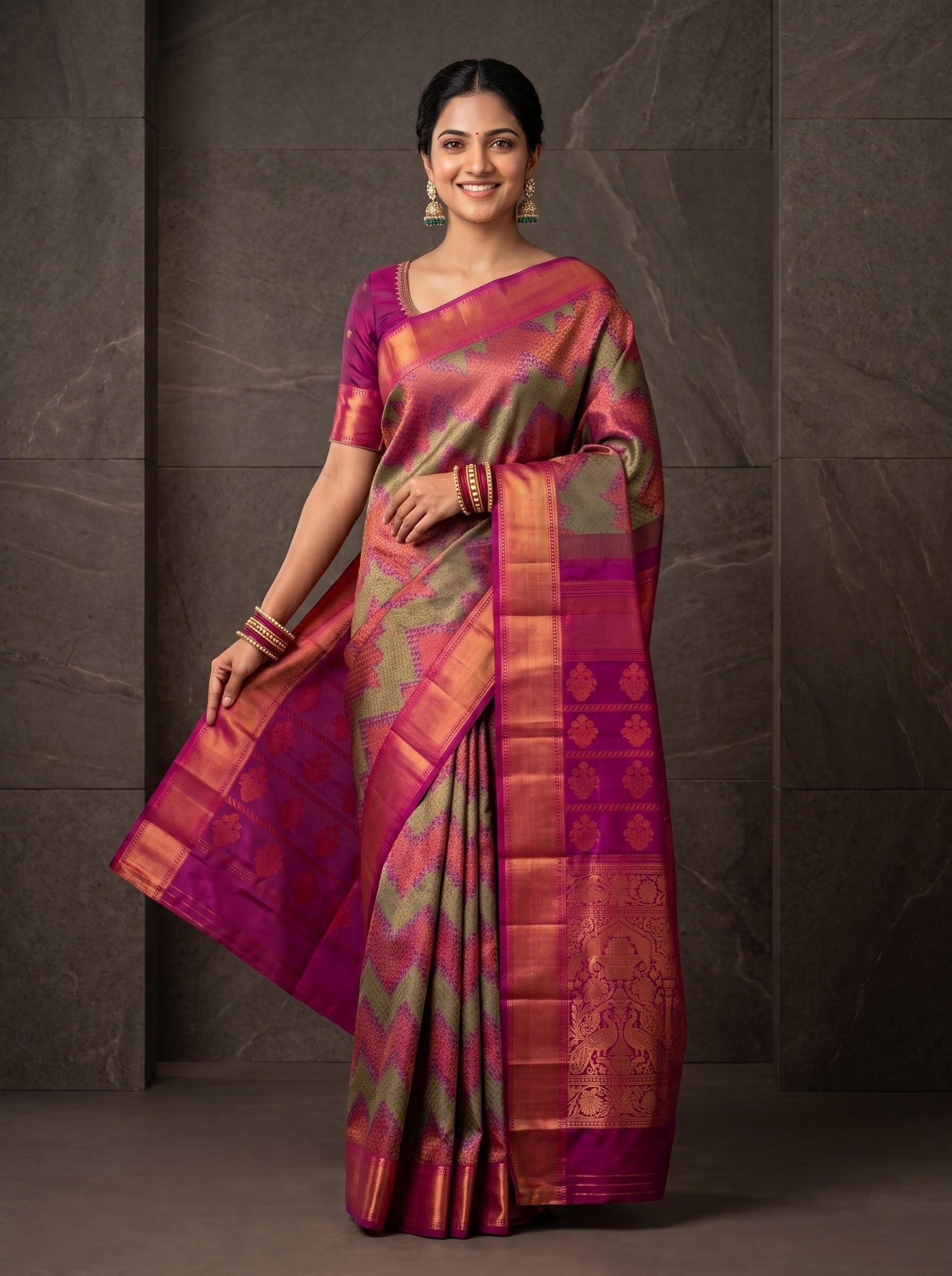 Kanchipuram Silk Saree – Magenta Pallu with Peacock Zari Border