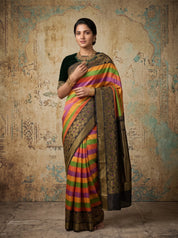 Kanchipuram Silk Saree with Multicolor Stripes & Zari Border