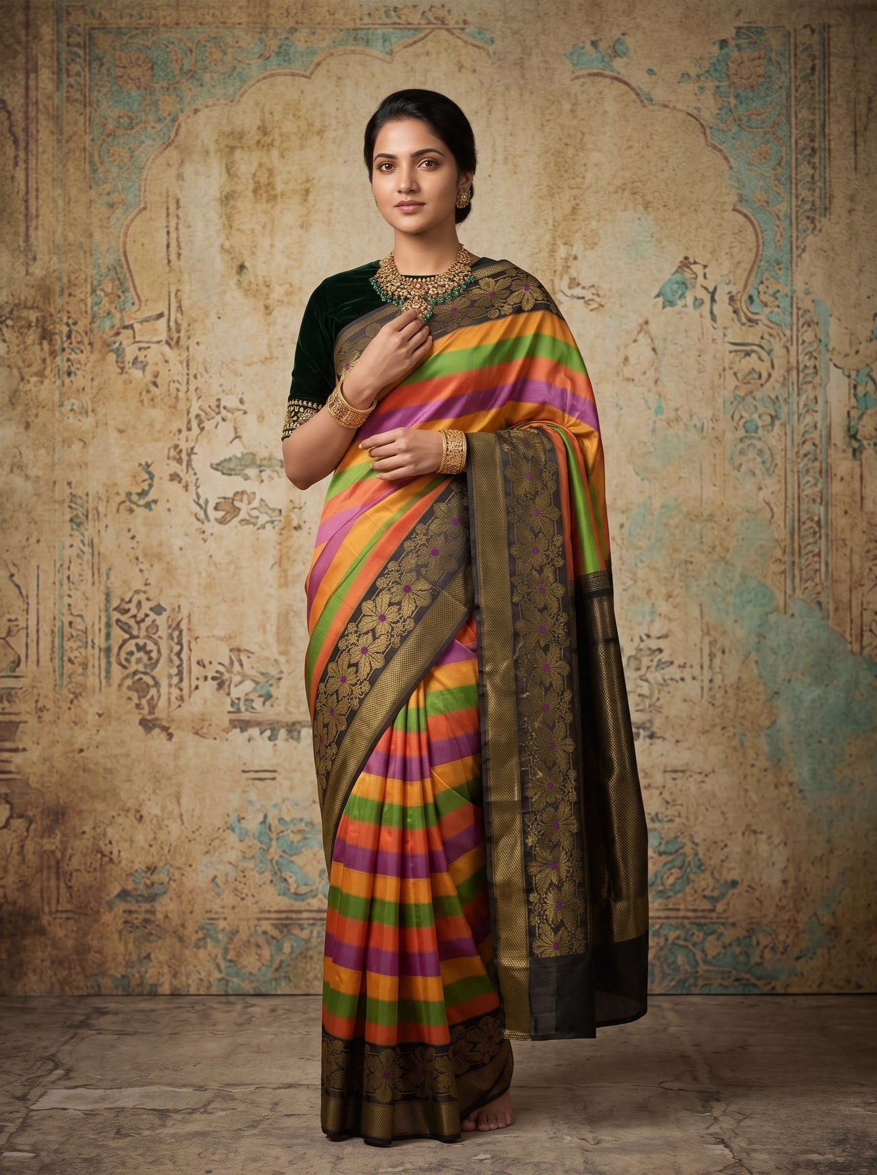 Kanchipuram Silk Saree with Multicolor Stripes & Zari Border