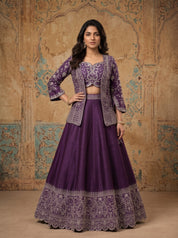 Royal Purple Hand-Embroidered Raw Silk Lehenga Set with Couture Jacket