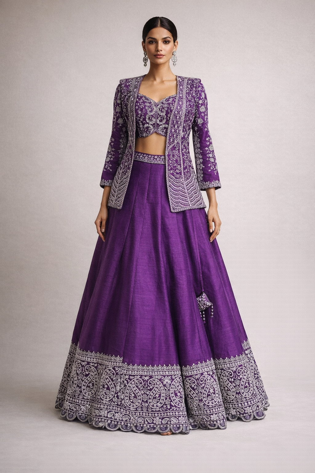 Royal Purple Hand-Embroidered Raw Silk Lehenga Set with Couture Jacket & Dupatta