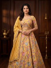 Mustard Raw Silk Bridal Lehenga with Floral Zari Embroidery