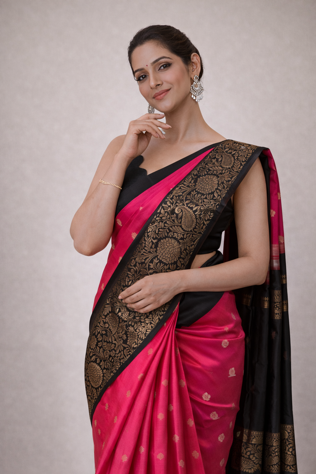 Rani Pink & Black Kanchipuram Silk Saree with Antique Gold Zari Border