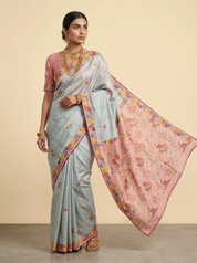 Grey Floral Embroidery Tussar Silk Saree with Contrast Pink Pallu