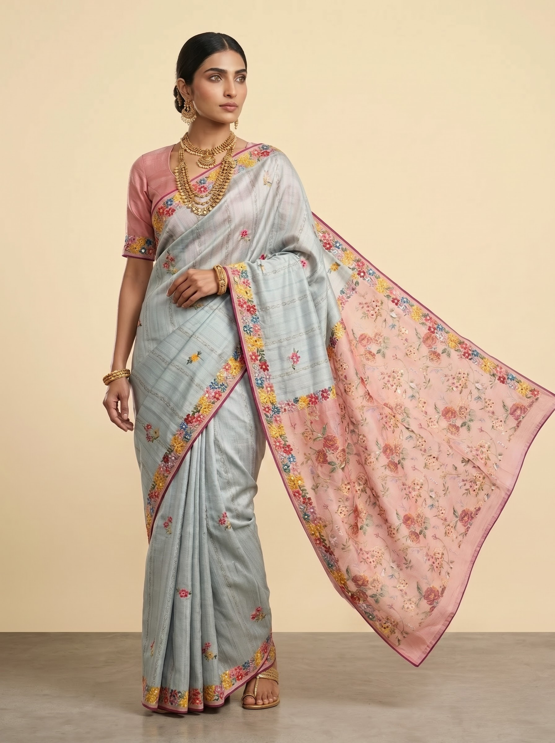 Grey Floral Embroidery Tussar Silk Saree with Contrast Pink Pallu