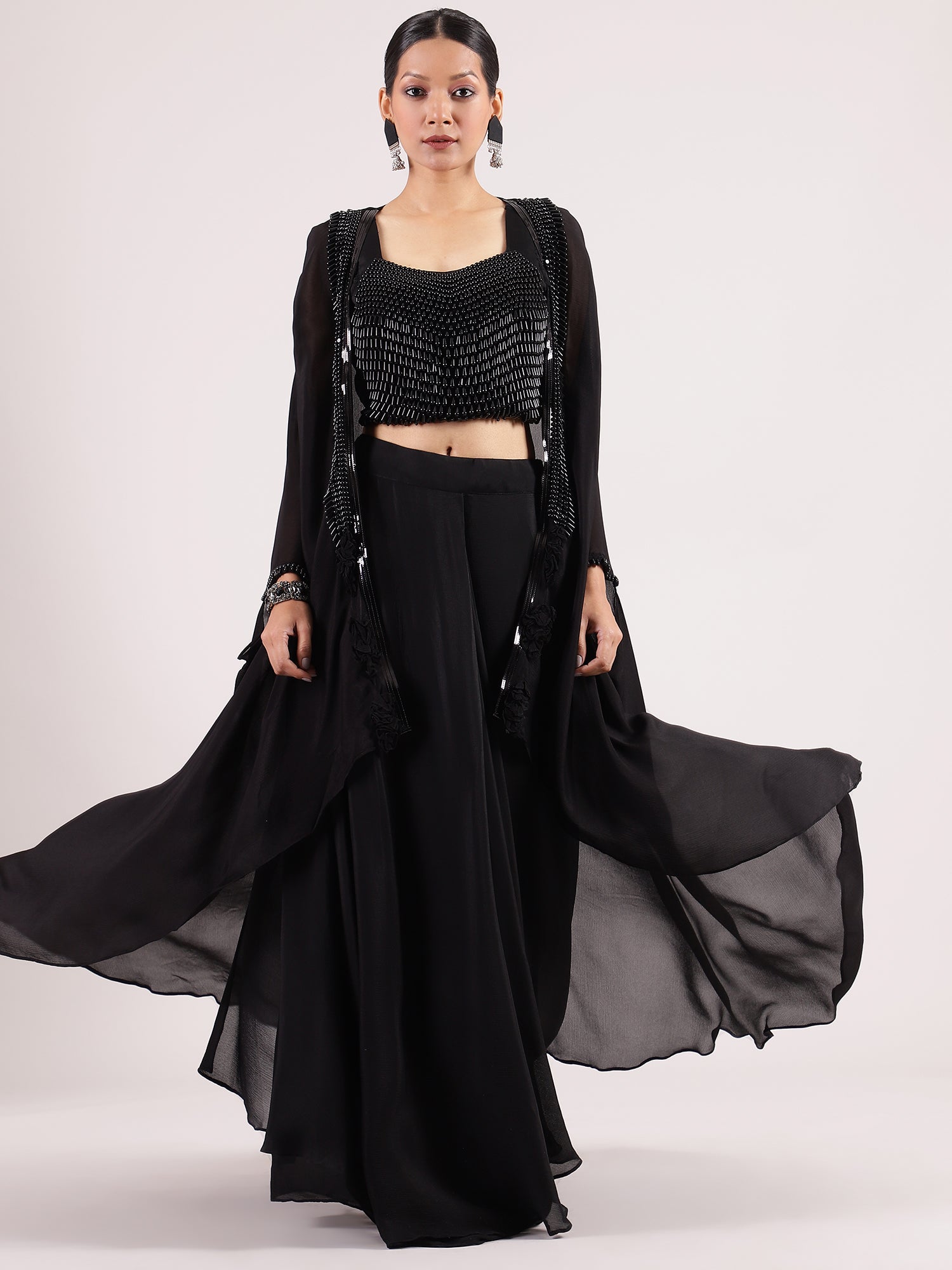 Sophisticated Black Georgette Palazzo Suit with Pearl Beadwork Blouse & Overcoat