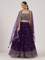 Royal Purple Embroidered Lehenga Set with Mirror Work Blouse & Net Dupatta