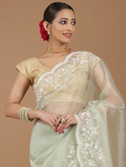 Net Saree with Delicate Floral Embroidery & Scalloped Border