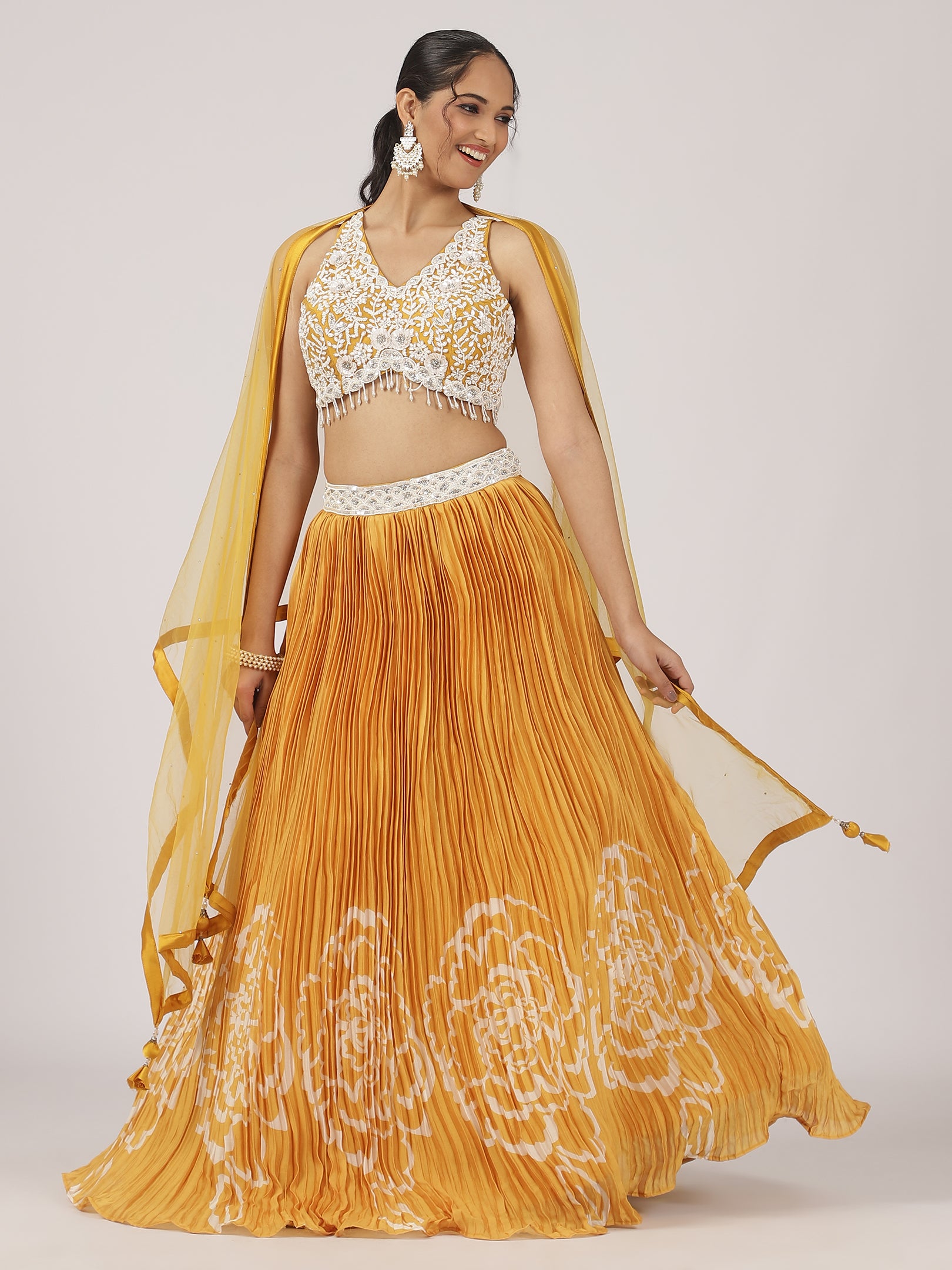 Radiant Mustard Pleated Lehenga with Embroidered Blouse & Sheer Dupatta