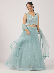 Aqua Blue Net Lehenga with Sequin Embroidery & Designer Blouse