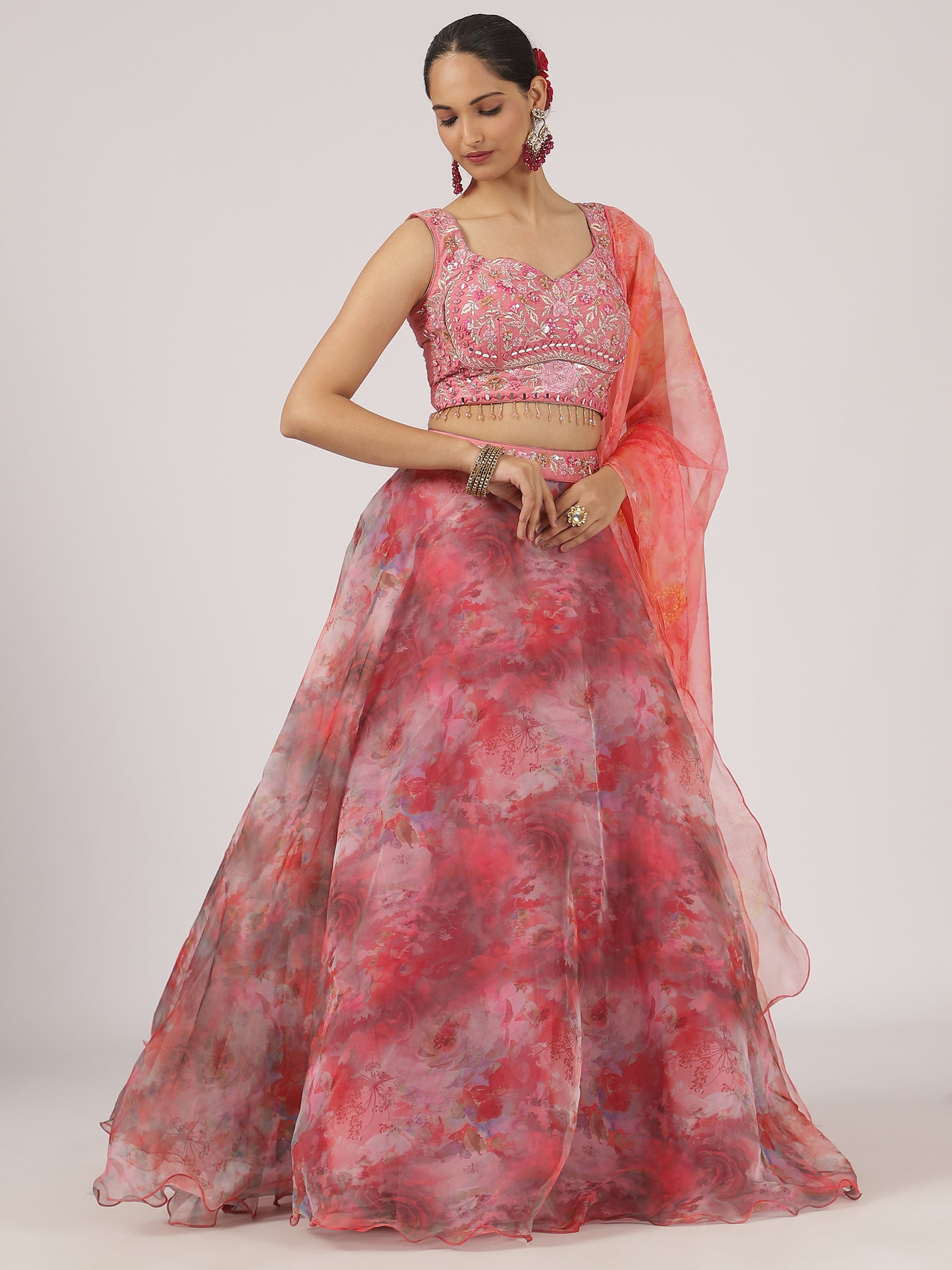 Blush Pink Floral Organza Lehenga with Embroidered Blouse